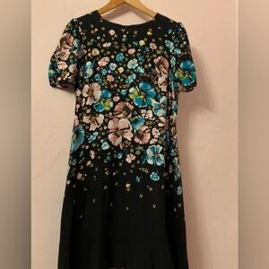 Oasis Black Dress with Blue and Pink Floral Design
